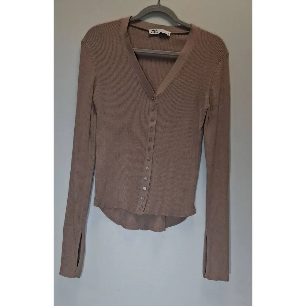 Zara womens xlarge cardigan sweater mocha brown taupe viscose stretch tan